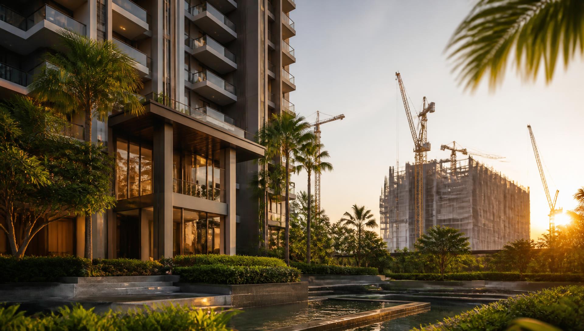 A tropical condominium under construction at golden hour with cranes behind the finished tower
