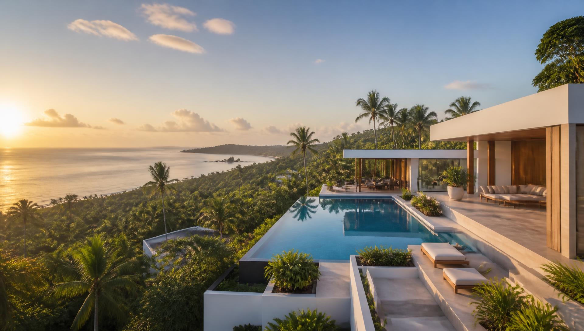 Modern tropical villa with infinity pool overlooking the sea at sunset