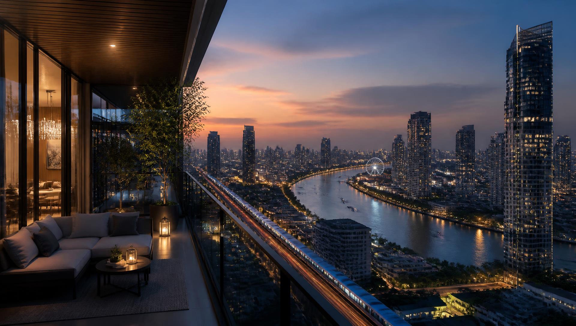 Bangkok skyline at dusk seen from a high condominium terrace