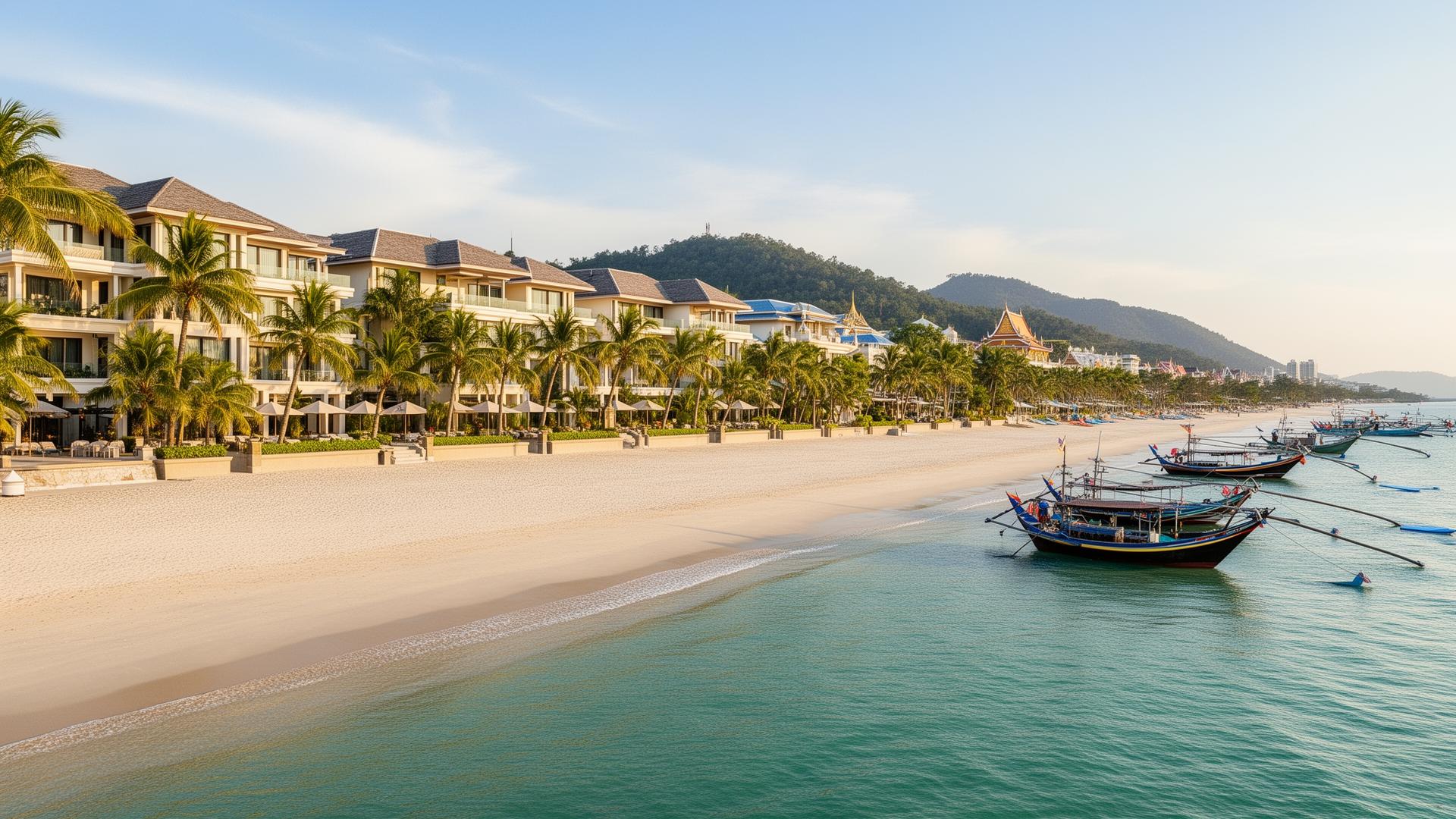 Hua Hin beach in morning light with low-rise beachfront residences and fishing boats