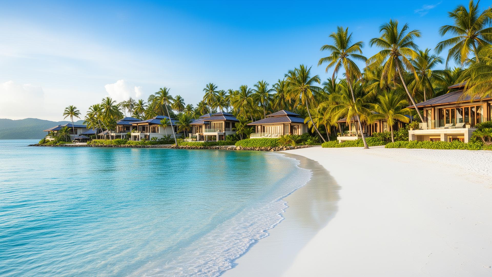 Koh Samui bay with white sand, coconut palms and beachfront pool villas