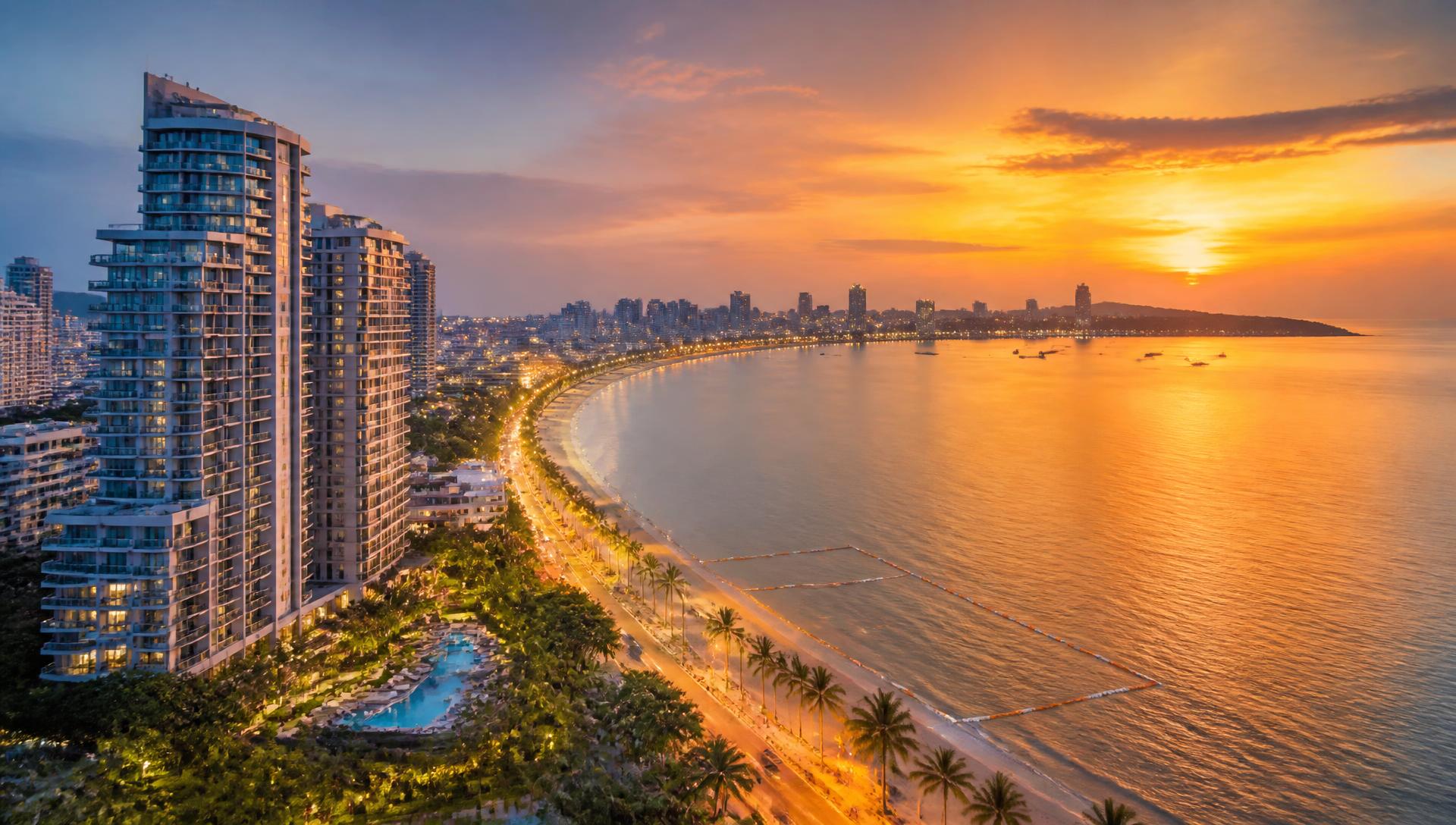 Pattaya beachfront bay at sunset with sea-view condominium towers