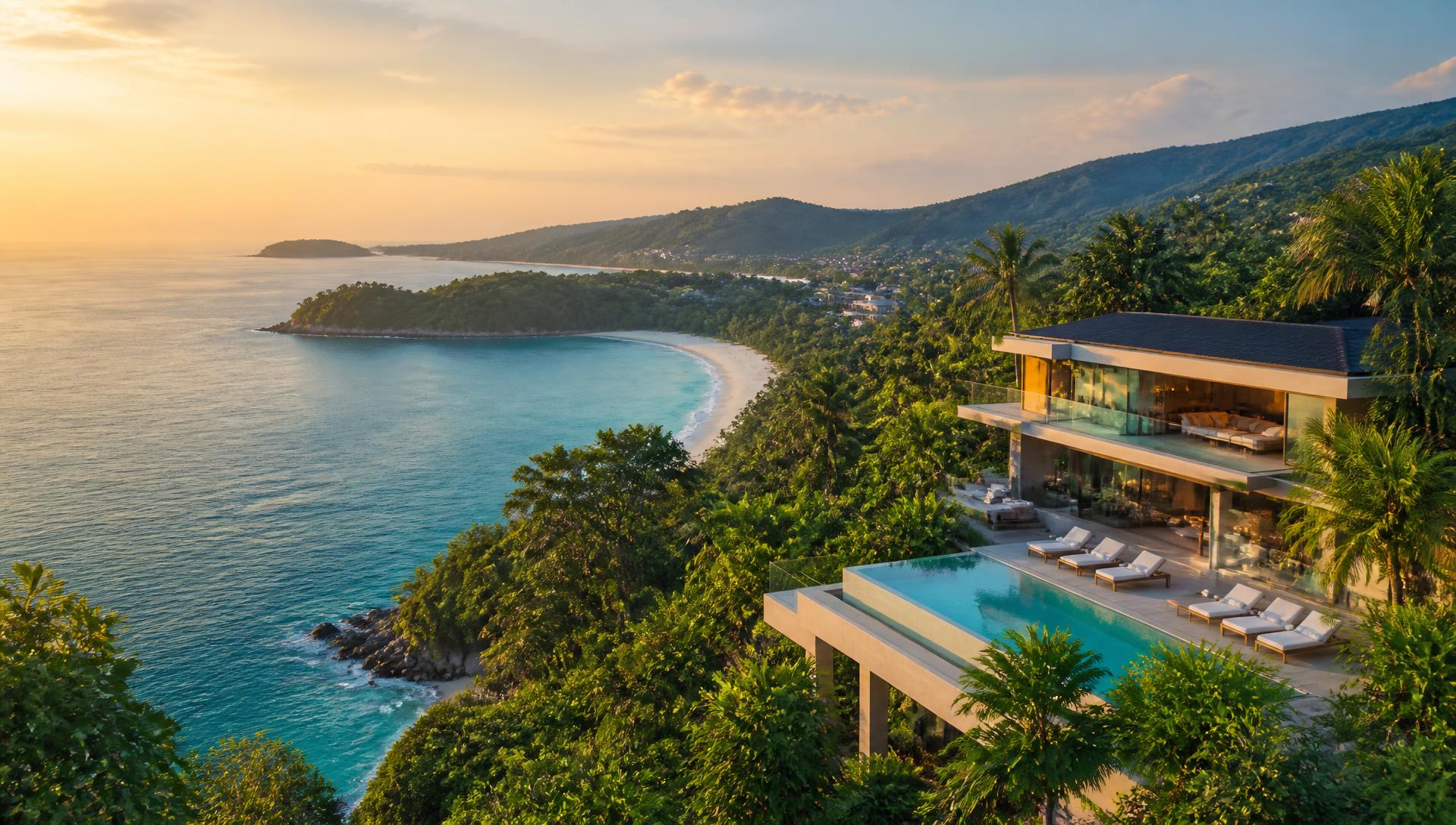 Phuket west coast at golden hour with a turquoise bay and a hillside pool villa